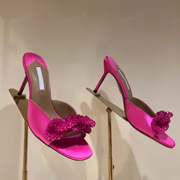 Zincir kristal boncuk katırları terlik 85mm stiletto topuk sandalları kristal açık ayak parmakları yüksek topuklu kadınlar lüks tasarımcı sokak tarzı topuklu ayakkabılar kutu35-42