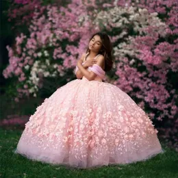 Vestido de esfera rosa vestidos de menina para casamentos 2020 fora do ombro 3D Floral Aplique Puffy Girl's Pageant Dresses Kids Wea formal 247z