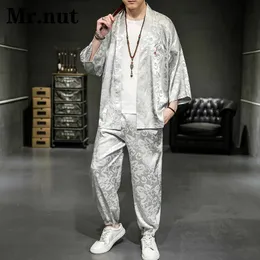 Mrnut Summer Ice Silk Dragon Jacquard Two Piece Set Chinese Style Men Silky Shirts Pants Tang Suit Cool Vacation Streetwear 240518