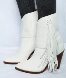 Beyaz gerçek deri saçak ayak bileği botları kadınlar sivri uçlu başlık topuklular yüksek topuklu botlar kadın şövalye botları kadınlar8778536