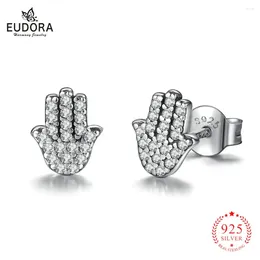 Kolczyki stadnonowe Eudora 925 Srebrna ręka Hamsa Fatima dla kobiet kryształowy kolczyk cyrkon Dobre szczęśliwą biżuterię