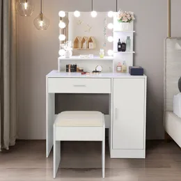 ZK20 Large Vanity Set with 10 LED Bulbs, Makeup Table with Cushioned Stool, 3 Storage Shelves 1 Drawer 1 Cabinet, Dressing Table Dresser Desk for Women