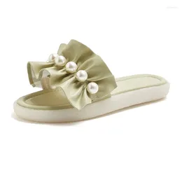 Slippers Okkdey Leather Women’s Summer 2024 Pearl Sandal مع ناعم ناعم