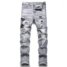 Herren Jeans Männer Designer Schlange Stickerei grau Denim Streetwear Löcher zerrissene Stretchhosen Schlanke gerade Hose