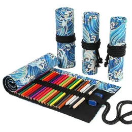 12/24/36/48/72 Holes Canvas Roll Up Pencil Bag Pen Curtain Case Makeup Wrap Holder Storage Pouch School Supplies
