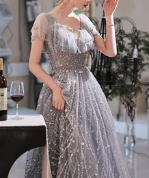 Modegrau Prom Formal Kleider 2024 V-Ausschnitt Cap Sleeves Pailletten Schnürung A-Line Evening Birthday Dress Party Kleider Robe de Soriee Customed