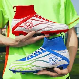 Kvinnor Mens High Top Football Boots TF AG Soccer Cleats Red Blue Black White Training Shoes for Youth Children Big Size 31-47