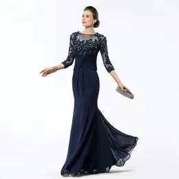 Long Navy Blue Mother of the Bride Dresses 2019 Chiffon Pärled Applicques Bodice Sheer 3 4 Sleeves Mothers Evening Dresses 197j
