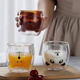 Doppelglas Tasse Bären Katze Hund Tier Kaffeetasse Transparent Cartoon Milchsaft Tee Trinkbecher Getränkewarenparty Weingläser 240510