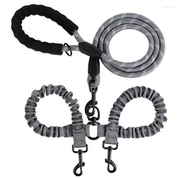 Dog Collars Double Head Pet Towing Rope One Drag Two Night Reflection Anti Winding Elastic Nylon Walking Supplies Accessories