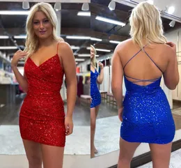 Sparkle Royal Blue Red Black Sequined Mini Short Cocktail Dresses Sexy Sheath Spaghetti Straps Criss Cross Backless Night Out Club Junior Graduation Dress BC18655