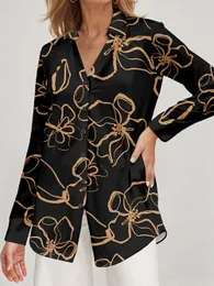 Women's Floral Casual Holiday Button Print Black Long Sleeve Fashion Shirt Neck 2024 Spring & Summer Blouse Tops
