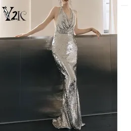 Casual Dresses Y2K kläddesigner Backless Sexig Maxi Womens Clothing Trendy V-Neck Sequin Wedding Prom Evening Dress Slim Gowns Robes