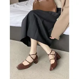 Wąskie palce kobiety pompki kwadratowe sandały jesienne wiosna czarna sier brązowe grube obcasy buty do sukienki mody D99