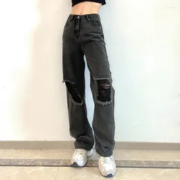Jeans femininos Black vintage Ripped Hole Mulheres Baggy Cut Out Palnts de jeans de altura Summer coreano y2k streetwear moda direta