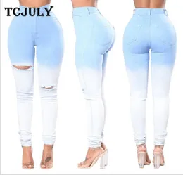 Tcjuly New Blue White Gradient Casual Jeans for Women Hole Skinny Push Up Pants High Waist Stretch Slim Jeans3792577