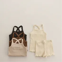 Infant Solid Summer Pamas Set Girls Suspenders Home Sleepwear Suits Boys Baby Lounge wearF 0525