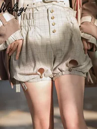 Frauen -Shorts Kawaii Ropa Mujer Hosen 2024 Sommer Pastoralstil Dünne süße süße hohle Khaki Plaid hohe Taillenbasis Kürbis -Pantalone