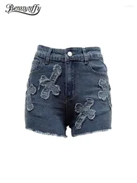 Shorts femininos Benuynffy Cantura baixa BEM Denim Summer 2024 Fashion Streetwear Bordado Stretch Jean