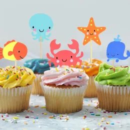 24pcs Ocean Animal Cupcake Toppers Under the Sea Party Cake Bands Boy Charf Churcom sereia de aniversário Decorações de bolo de festa