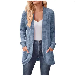 Malhas femininas primavera e outono suéter sólido suéter cardigan moda de bolso de bolso de bolso de bolso confortável tienda suave