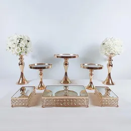 PCs Goldelektroplate Kristallkuchenstand Set Set Mirror Metall Cupcake Display Hochzeits Geburtstagsfeier Dessertplatte Rack Andere Backware 2942