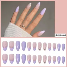 Almond Short Nail Enhancement Wearing Purple Flower French Patch Nail Patch Fake Finger Patch Cross-border Wholesale Extension N