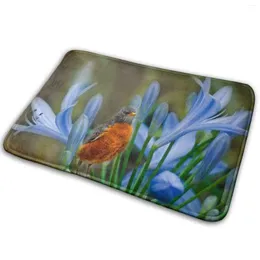 Teppiche Robin in Blumen Matten Teppich Teppich Anti-Rutsch-Schlafzimmer Eingangstür Vogel Blume Blau Natur Textur HDR Feder