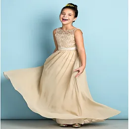 NEU MINI A-LINE SCOOP Spitzenbrautjungfernkleider bodenlangen Chiffon Junior Brautjungfer Kleid billige Hochzeitsfeierkleider 273i