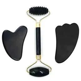 Face Massager Naturstein Guasha Jade Roller Massage Massage Gesichtsmaschine Black Doppelkopf Roller Massage Werkzeug Hydrotherapie Schaber Körper und Gesichtsmassage Q240523