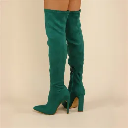 Over the Knee Green Velvet Thigh High Boots for Women with 11cm Block Heels