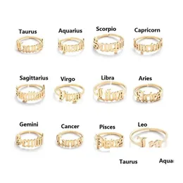 Pierścienie zespołu Regulowane stali nierdzewne 12 konstelacji pierścionek literowy otwierający zodiak palec dla kobiet dziewczęta prezent upuszczenie biżuterii OTCVB
