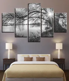 Wall Art 5 Pieces Canvas Pictures For Living Room Poster Framework Lakeside Big Trees Paintings Black White Landscape Home Decor9151742