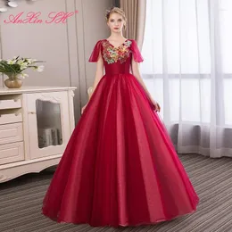 Party Dresses AnXin SH Vintage Wine Red Lace Beading Crystal Rose Flower V Neck Bride Short Sleeve Ball Gown Princess Evening Dress
