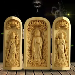 1pc exquisite Boxwood schnitzten Guanyin Buddha Statue Western Sansheng Holzhandwerk Home Dekoration 240521