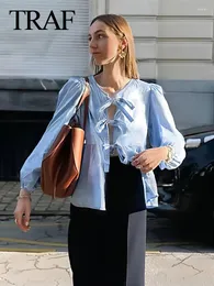 Bluzki damskie 2024 Kobiety moda solidna niebieska bluzka z kokardką długie rękaw swobodny luźne luźne białe kardigany koszule żeńskie eleganckie topy
