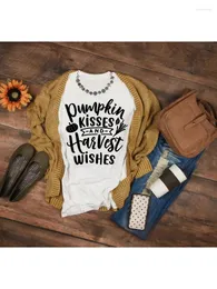 Kvinnors T-skjortor Pumpa Kisses and Harvest Wishes Womens Fall Halloween Thanksgving Days Söta grafiska t-shrit estetiska tee-toppar