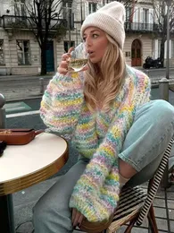 Women's Knits Tees Rainbow Stripe Printed Knitted Cardigan Sweater Women Cropped Crochet Lantern Slve Sweater Lady Strtwear Cardigans 2023 T240523