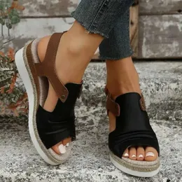 Heel Leather Wrap Women Sandals Wedge the Instep Side Empty Large Size Slope Slippers Buckle Strap Beach Peep Toe Dr b15