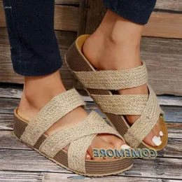 Lässige Vintage -Frauenplattform Sandalen Kork Sommer 2024 Plus Size Non Slip Beach Frau Dicke unten gewebte Flip F 34b