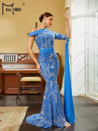 캐주얼 드레스 Missord Blue Mermaid Evening Dress Elegant 2024 Women One Shoulder Split Long Sleeve Squin Sequin Maxi 무도회 파티 가운