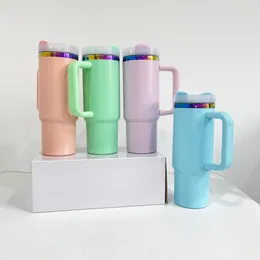 New style powder coated 30oz macaron rainbow plated coffee insulated tumbler double walled stainless steel mugs cups with handle for laser engraving