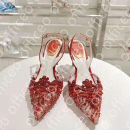 Rene Caovilla Red and White Gemstone Crystal Decorated Lace Woven Sandals Stileetto Women's Evening Dress Shoes 7.5-9.5cm Serpentineサラウンドデザイナー女性のかかと