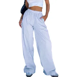 Combhasaki Womens Summer Stampa a strisce estate Cleanfit pantaloni lunghi pantaloni elastici elastici High Waist Lounge Street With Pockets 240524