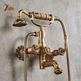 Antique Messing Badewanne Duscharmaturen Set Wandmontage Bad Dusch Set Schwenkbare Badewanne Ausgabebad Dual Dual Control Geschnitzte Mixer Hahn