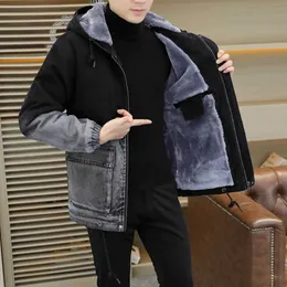 Men's Jackets Leisure mens 2023 autumn/winter plush thick hooded cotton apron jacket street clothing wool lining zippered jacket youth warm park Q240523