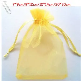 Navio gratuito 200pcs ouro 7 9cm 9 12cm 10 14cm Organza Bag Sagas de Candy Sacos de doces de casamento 307F