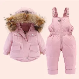 2pcs Set Baby Girl Winter Down Down Jacket и комбинезон для детей сгущать теплую меховую куртку для девочек младенец снежный снежный костюм 0-4 года