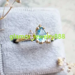 Luxury Natural Lab Grown Gemstones Pea Shape Blue Sapphire Diamond 14K Gold Ring for Women