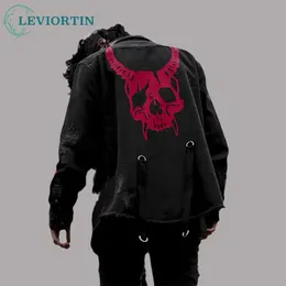 Men's Jackets Harajuku Gothic Devil Hunter Skull Black Denim Jacket Mens Rock Punk Heavy Metal Sweatshirt Sudadera Suspension Hole Street Suit Q240523